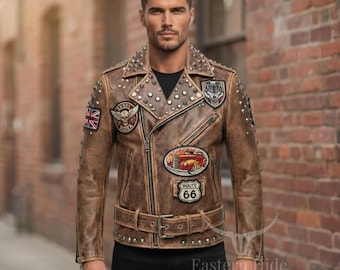 Herr sliten brun läderbikerjacka med nitar, rockpunkjacka med lappar
