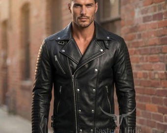 Herr Svart Läder Bikerjacka Silver Metallnitar Robust Streetwear Moto Rock Jacka