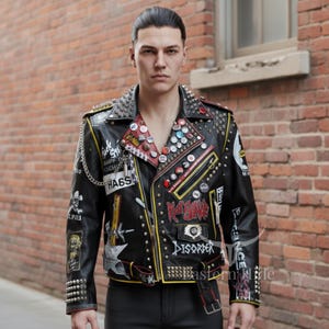 Męska skórzana kurtka motocyklowa Punk Rock z ćwiekami w kolorze czarno-żółtym, ręcznie malowana, z czaszką Anarchy, z kolcami, naszywkami i łańcuchami