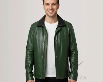 Giacca in pelle verde bosco da uomo / Colletto classico da camicia / Cappotto in stile vintage / Vestibilità slim