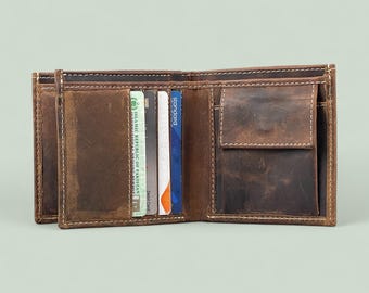 Vintage Distressed Brown Leather Trifold Wallet for Men | Full Grain Crazy Horse Leather | ID Window | Coin Pocket | Gift for Him