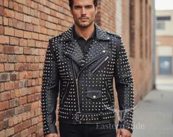 Men Spiked Leather Jacket Studded Punk Rock Biker Coat Moto