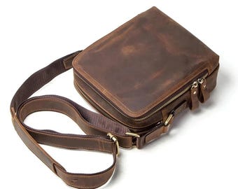 Handgjord axelväska i fullnarvat läder | Axelväska för datorer 16" | Justerbar rem | Perfekt present till honom