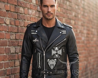 Mens Heavy Metal Skull Patch UV Black Leather Streetwear Biker Jacket