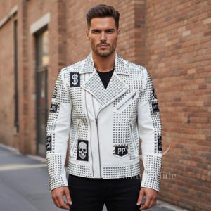 Men White Leather Jacket Studded Skull Biker UV Print Coat