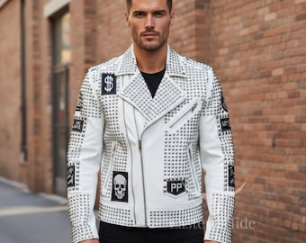 Men White Leather Jacket Studded Skull Biker UV Print Coat