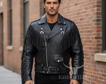 Men Fringe Cowboy Leather Jacket Western Biker Coat