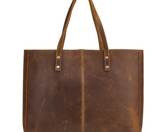 Vintage toteväska i fullnarvat läder | Stor axelväska för kvinnor | Handgjord arbets- och resväska | Perfekt present till henne