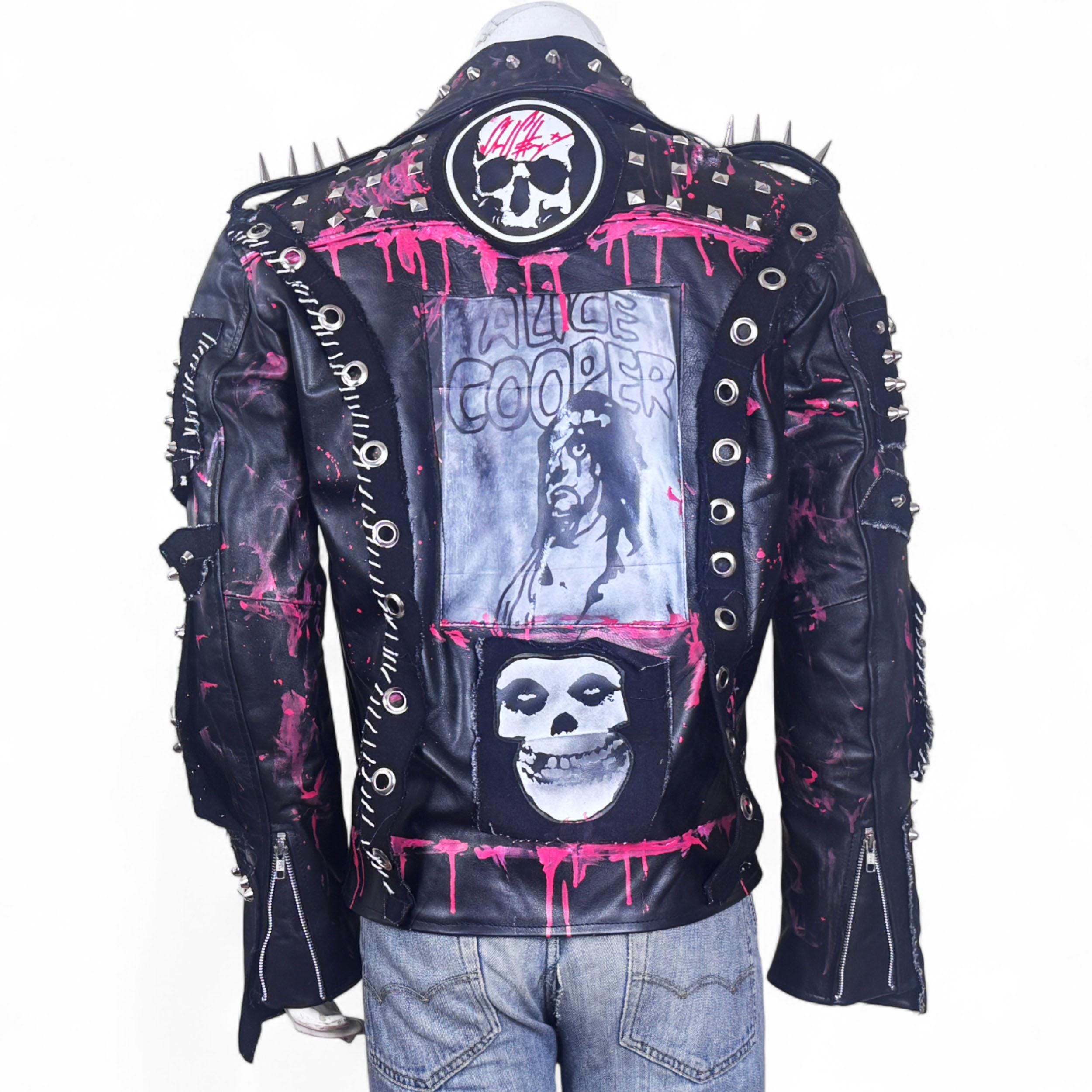 Extreme Studded Punk Jacket in Black Leather With Hand-painted