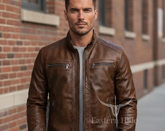 Herr sliten brun läderjacka med dragkedja i vintagestil från Cafe Racer