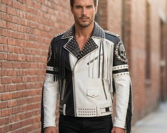 Eastern Hide Herr Tvåfärgad Svart Vit Dödskalle Spiked Fransar Cowboy Läder Bikerjacka