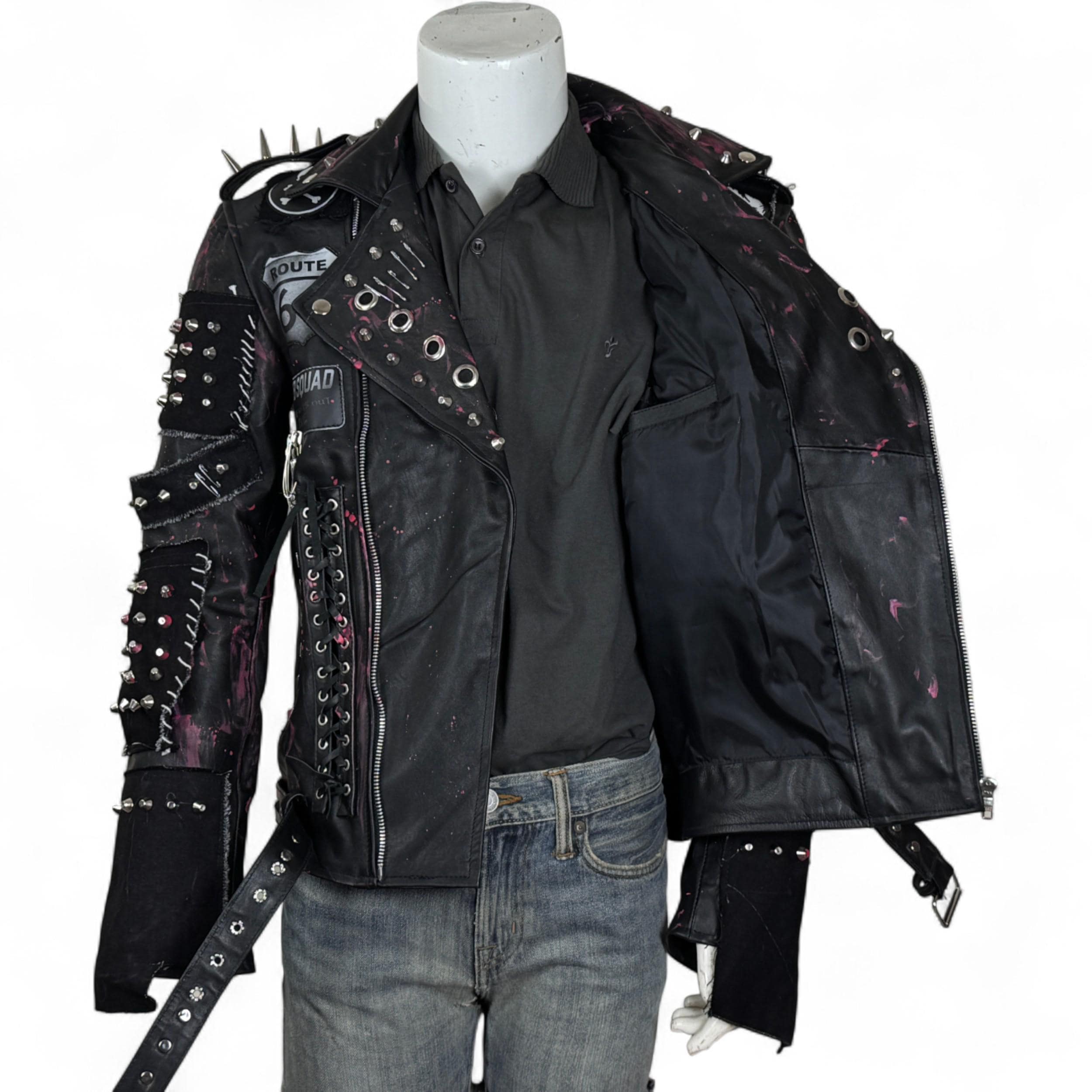 Extreme Studded Punk Jacket in Black Leather With Hand-painted