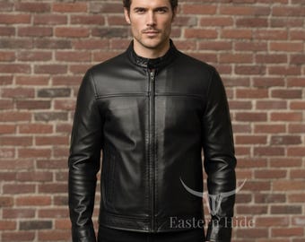 Men Black Leather Cafe Racer Jacket Minimalist Slim Fit Luxury