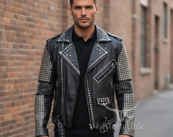 Men Studded Leather Jacket Punk Rock Spiked Biker Coat