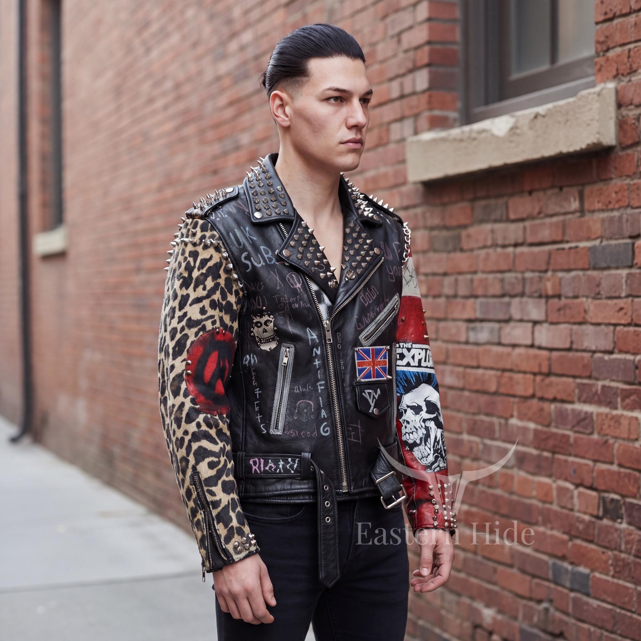 Mens Studded Punk Leather Biker Jacket Leopard Print Sleeve Hand