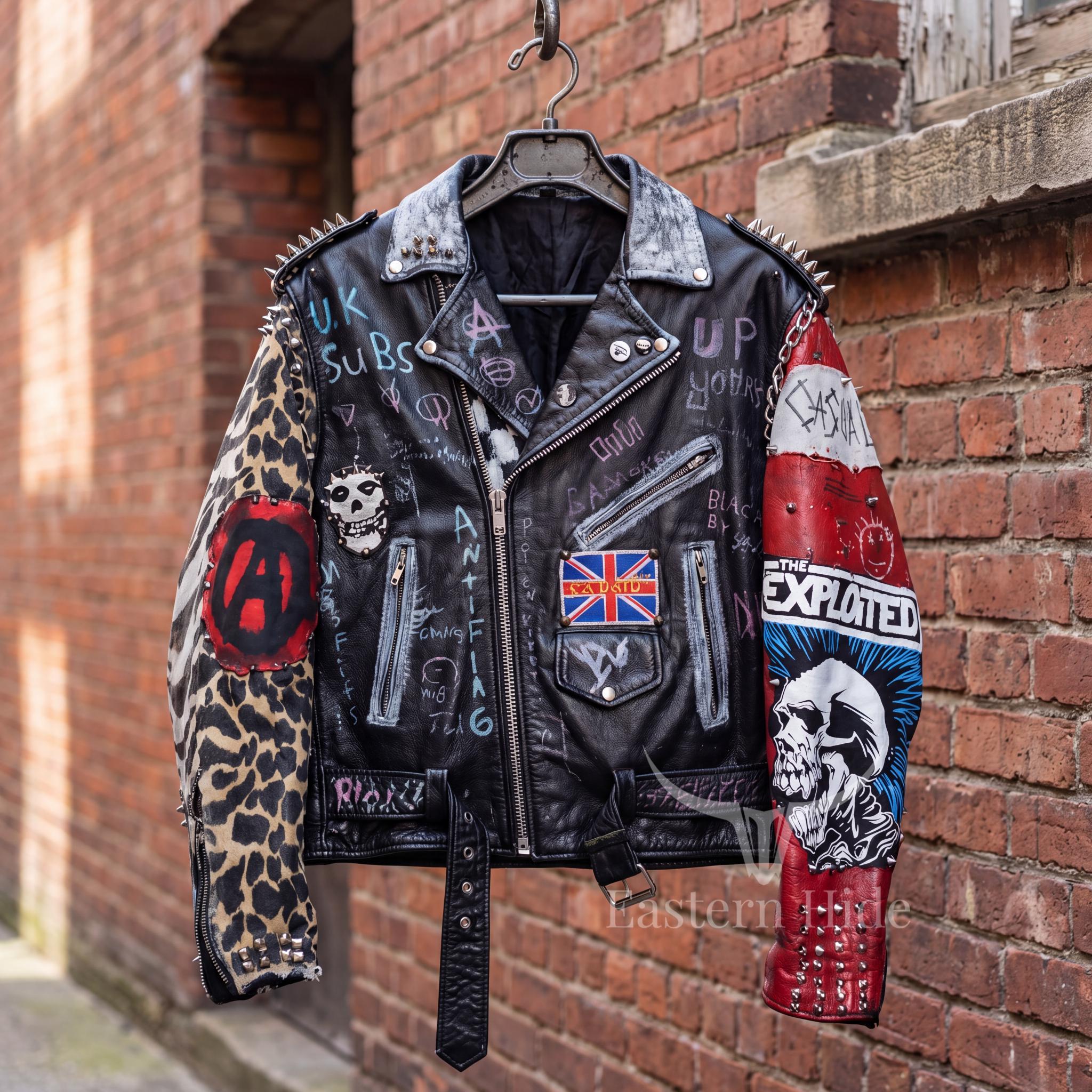 Mens Studded Punk Leather Biker Jacket Leopard Print Sleeve Hand