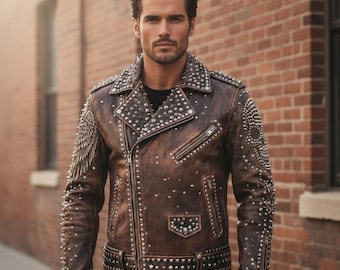 Herr Nitad Brun Läderjacka Punk Streetwear Bikerjacka