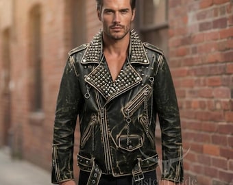 Herr Nitad Sliten Svart Läder Bikerjacka Punk Streetwear