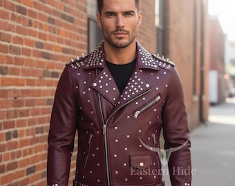 Rödbrun Nitad Läder Bikerjacka Herr Spiked Punk Skull Moto Coat