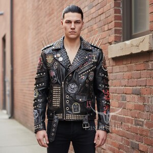 Black Studded Leather Punk Jacket Long Shoulder Spikes Heavy Metal Biker Coat Rebellion 13 Hand Painted Patchwork Slim Fit Winter