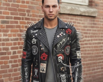 Mens Studded Punk Leather Biker Jacket Leopard Print Sleeve Hand