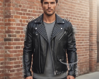 Mens Spiked Leather Biker Jacket Black Punk Studded Street wear