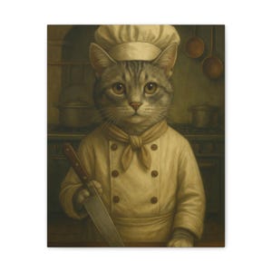 Chef Cat Canvas Art, Kitchen Decor, Cat Lover Gift, Animal Wall Art, Culinary Gift for Chefs, Cute Home Decor