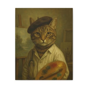 Whimsical Cat Art Print, Canvas Wall Decor, Cute Cat Painting, Unique Home Decor, Gift for Cat Lovers, Cat Artist Decoration