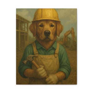 Funny Dog Construction Worker Canvas Art, Wall Decor, Unique Gift, Home Decoration, Pet Lover Display, Kids Room Decoration