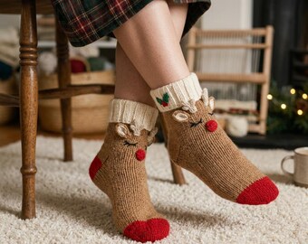 Sleepy Reindeer Christmas Cabin Socks Knitting Pattern (PDF)