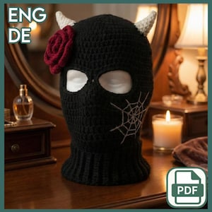 Haunted Masquerade gehaakte cagoule – gotisch bivakmutspatroon met hoorns, roos en web (pdf)