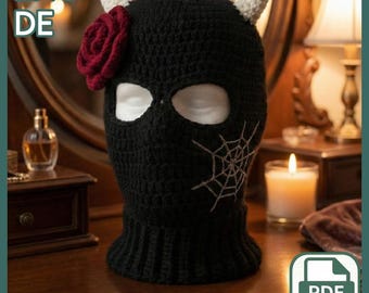 Cagoule de crochet de Mascarada Embrujada: Patrón de pasamontañas gótico con cuernos, rosa y telaraña (PDF)