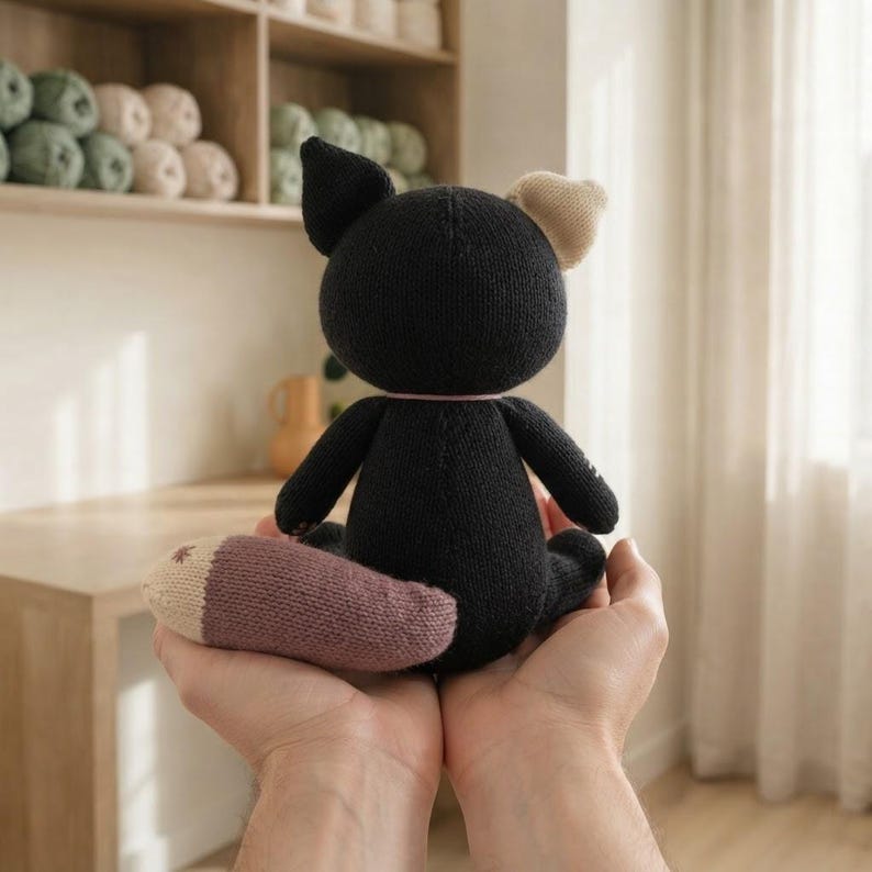 Op de afbeelding: Een gebreide knuffel in de vorm van een kat met zwarte vacht, een lichtbeige oor en een lange staart met een lichtbeige punt. Het speelgoed heeft een ronde kop, kleine oren en een zachte textuur, weergegeven vanaf de achterkant.