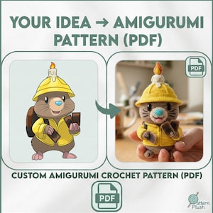 May include: Image shows a custom amigurumi crochet pattern (PDF). The image features a cartoon illustration and a crocheted amigurumi figure of a mole wearing a yellow hat and jacket, holding cards. The text reads "YOUR IDEA -> AMIGURUMI PATTERN (PDF)".