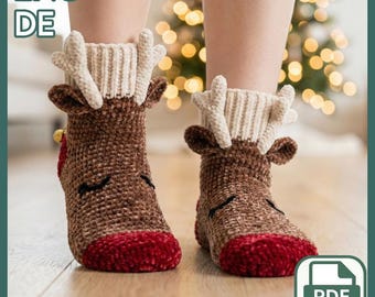 Patrón de crochet para calcetines de reno: calcetines navideños de peluche, estilo Rodolfo (PDF)