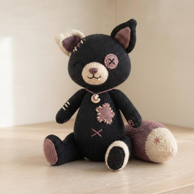 Op de afbeelding: Een gebreid pluche kattenspeeltje in zwart met een cr&egrave;mekleurige snuit en binnenkant van de oren. Het heeft een mauve stervormige patch op de borst, een mauve voetzooltje, een mauve maanhanger aan een koordje en een mauve staart met stersteek.