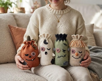 4 Strickmuster für Halloween-Beutel (PDF), Kürbis, Geist, Monster, Vogelscheuche, Gruseliges Herbst-Set