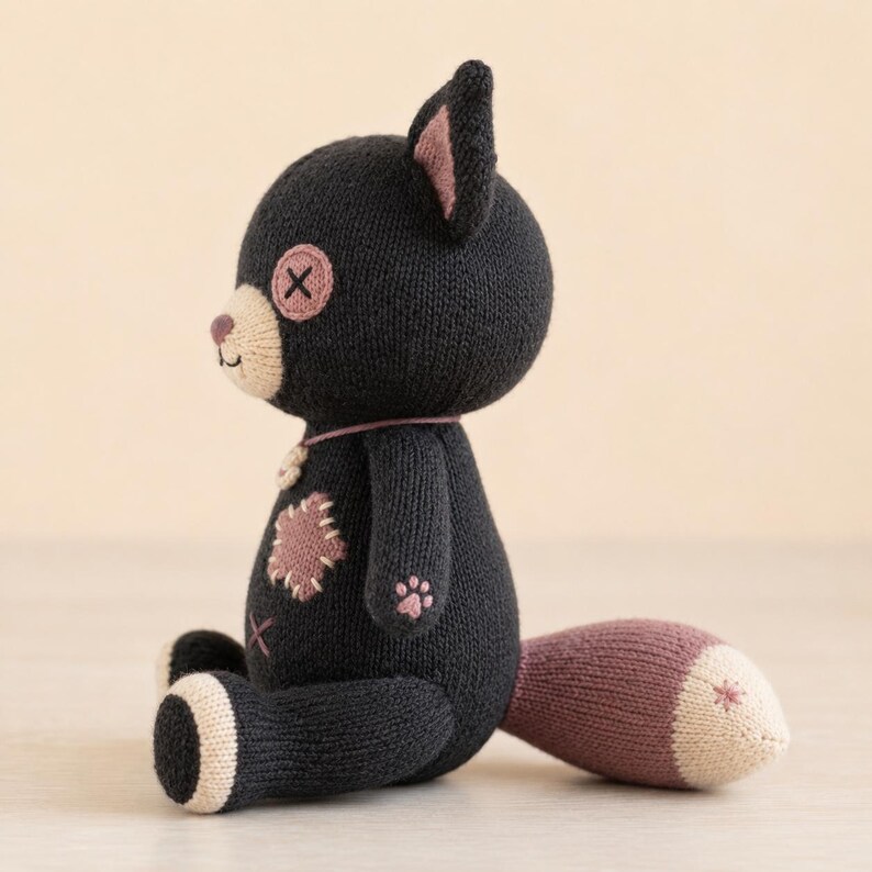Op de afbeelding: Een gebreide zwarte kat knuffel met een lichtbeige snuit, roze binnenoren en een roze knoop-oog met een kruissteek. Het speelgoed heeft een roze lapje op de borst, een kleine roze pootafdruk op de arm en een lange staart met een beige punt.