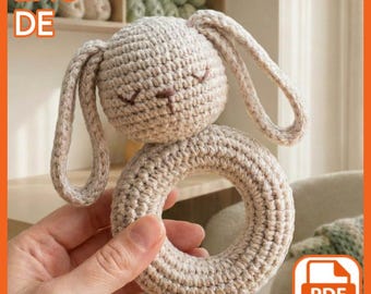 Crochet Bunny Ring Rattle Pattern, Amigurumi Rabbit Baby Toy, Neutral Nursery (PDF Download)