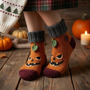 Jack O Lantern Socks Knitting Pattern PDF, Halloween Pumpkin Socks, Adult Medium Spooky Knit