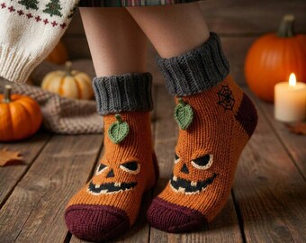 Jack O Lantern Socks Knitting Pattern PDF, Halloween Pumpkin Socks, Adult Medium Spooky Knit