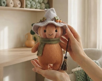Strickanleitung für eine Kürbishexe, Herbst-Stoffpuppe (PDF), in Runden stricken