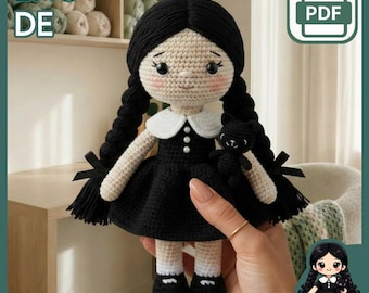 Patrón de muñeca de crochet en PDF: Muñeca amigurumi con trenza gótica y mini gato negro