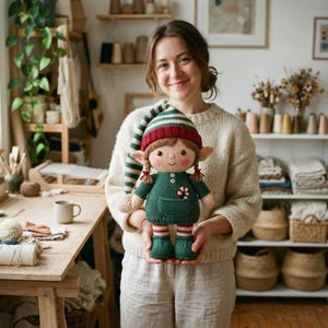 Pode incluir: Uma boneca de tricô com um gorro longo às riscas verdes e brancas, um vestido verde-escuro com um pequeno detalhe de bengala doce e meias às riscas a condizer. A boneca tem cabelo castanho em tranças, orelhas pontiagudas e rosto redondo.