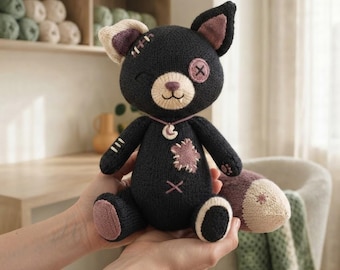 Patchwork Moon Fox Knitting Pattern, Gothic Plush Toy (PDF Download)