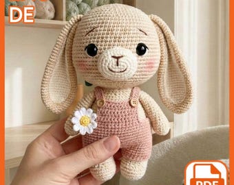 Amigurumi Bunny Crochet Pattern, Floppy Ear Plush Toy, Daisy Overalls (PDF Download)