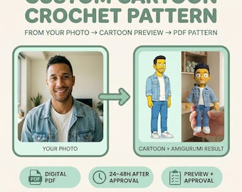Patrón de crochet personalizado a partir de foto / Muñeca amigurumi en PDF / Vista previa + aprobación / Descarga digital