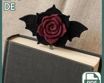 Patrón de marcapáginas de rosa con alas de murciélago a crochet, Gothic Dark Academia (Descargar PDF)