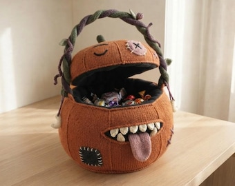 Strickanleitung für einen Kürbis-Süßigkeitenkorb (PDF), Halloween-Süßigkeitentüte, Monsterkürbis