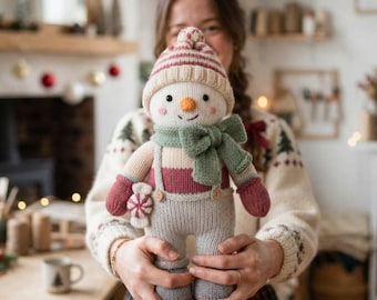 Christmas Snowman Knitting Pattern PDF, Knitted Doll in Overalls, Winter Holiday Decor